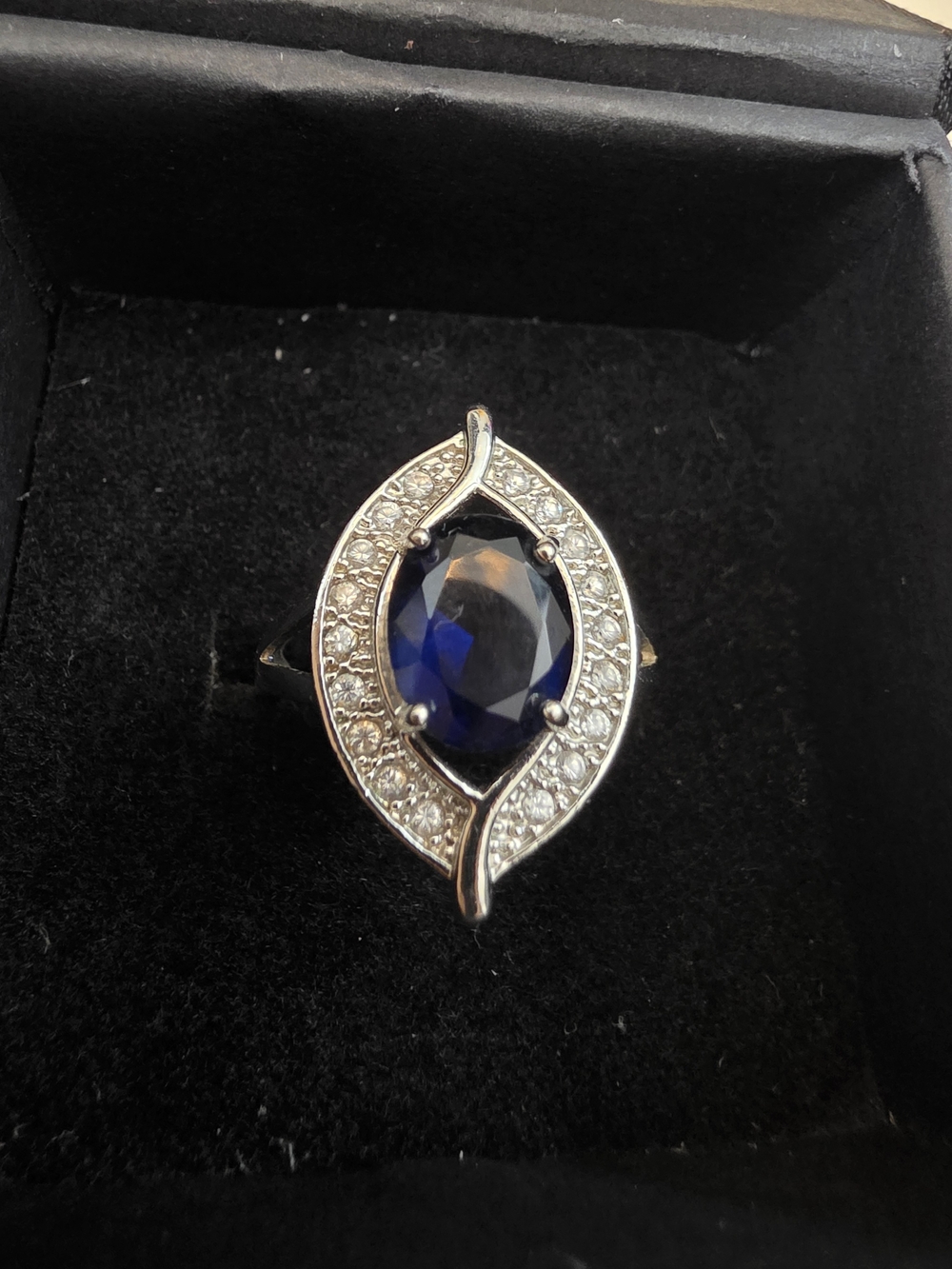 Sterling Silver Blue Sapphire Halo Ring - Elegant Deep Blue Women's Ring